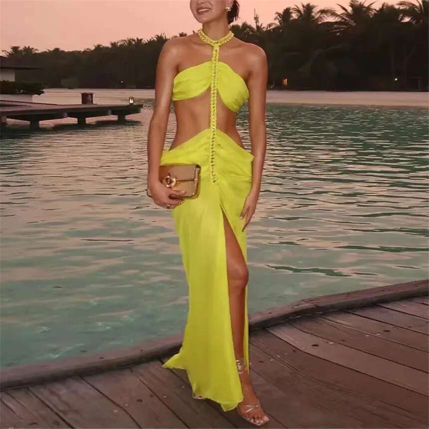Women's Backless Beach Yellow Halter Neck Pleated Metal Chain New Vacation Camping Elegant Dress Fashion Designer