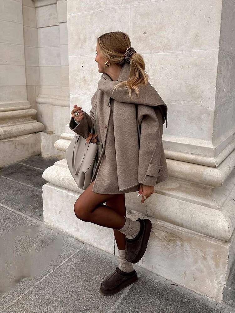 Premium Scarf Trimmed Button Long Sleeve New Solid Colour Fashion Tweed Jacket Temperament Women's Clothing