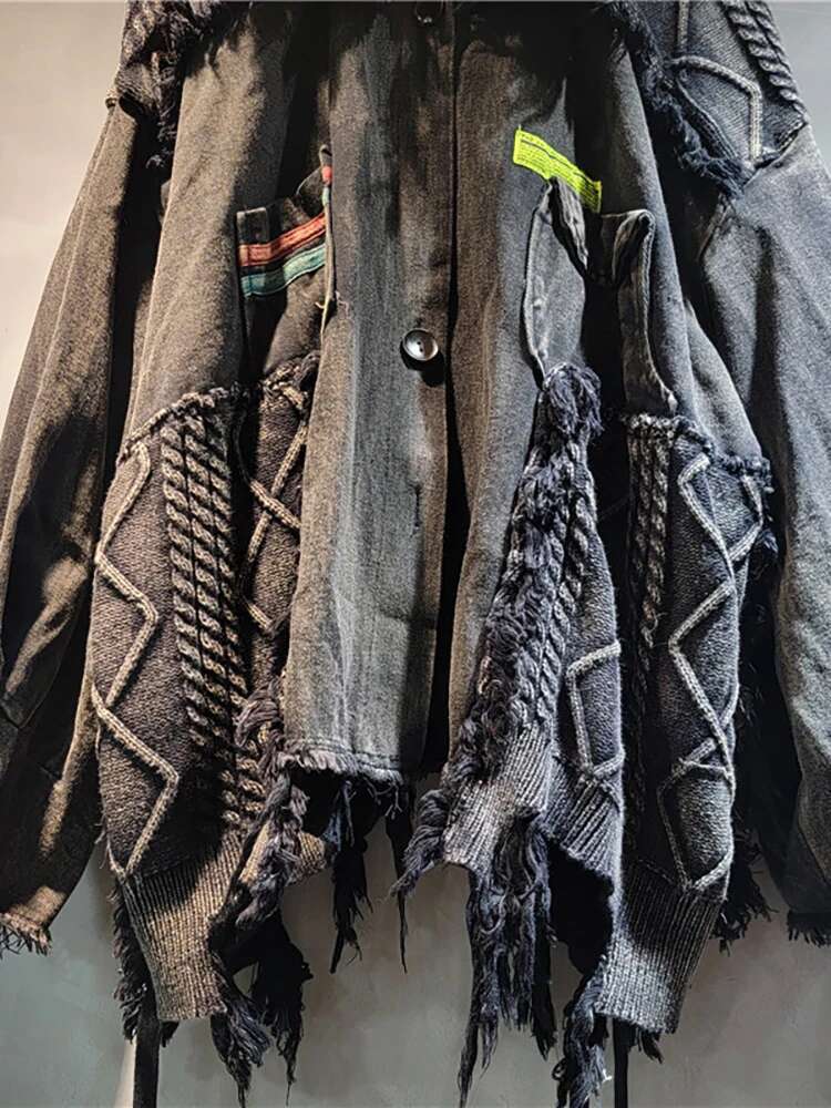 DEAT Women's Denim Coat Patchwork Knitted Washed Black Gery Irregular Do Old Loose Jackets 2025 Spring New Fashion 29L8172