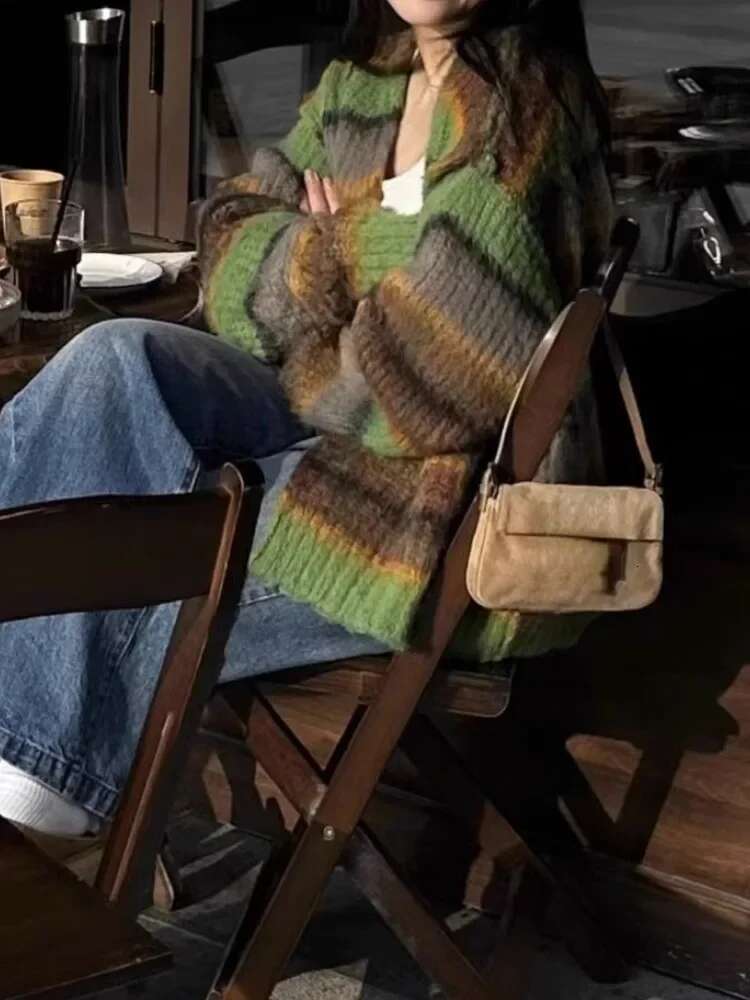 New Fashion Grunge Striped Women Knitwear 2025 Streetwear All Match Loose Y2k Aesthetic Sweaters Casual Vintage Cardigans Autumn