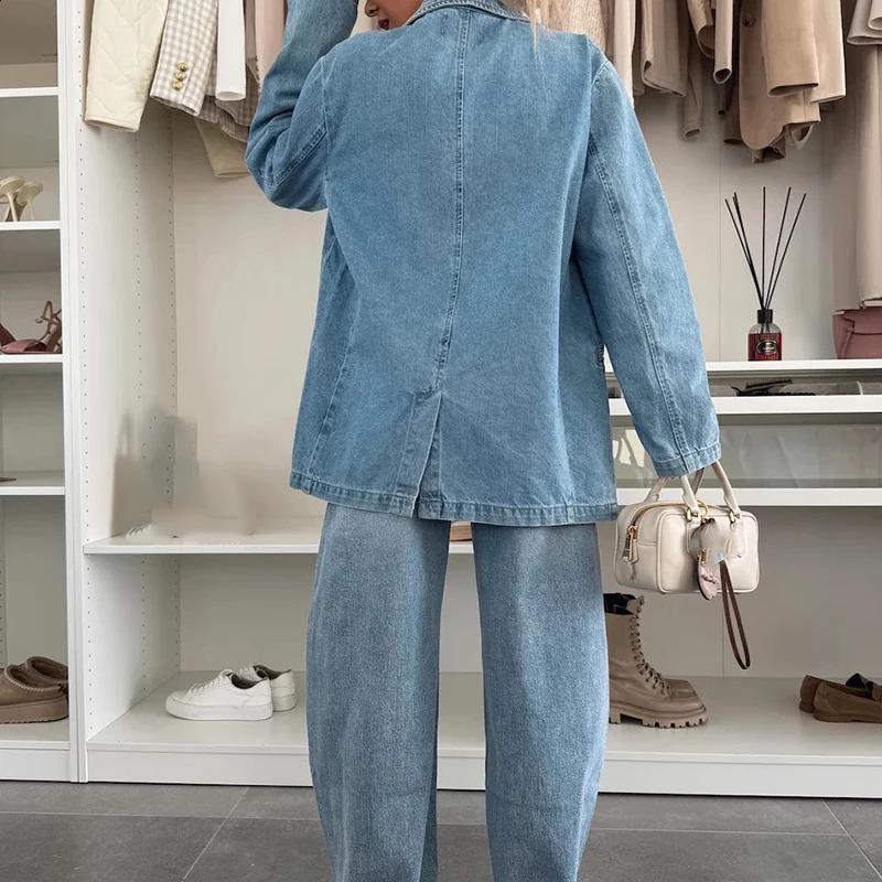 Ladies Fashion Single Breasted Loose Outerwear Spring Women Lapel Blazer Jacket Casual Long Sleeved Pocket Denim Coat 250228