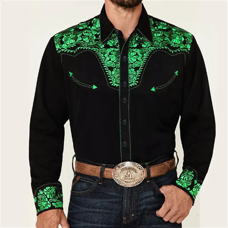 Western Shirts Mens Denim Floral Button Shirt Outdoor Festival Tops Soft and Comfortable Vintage Lapel S6XL 250226