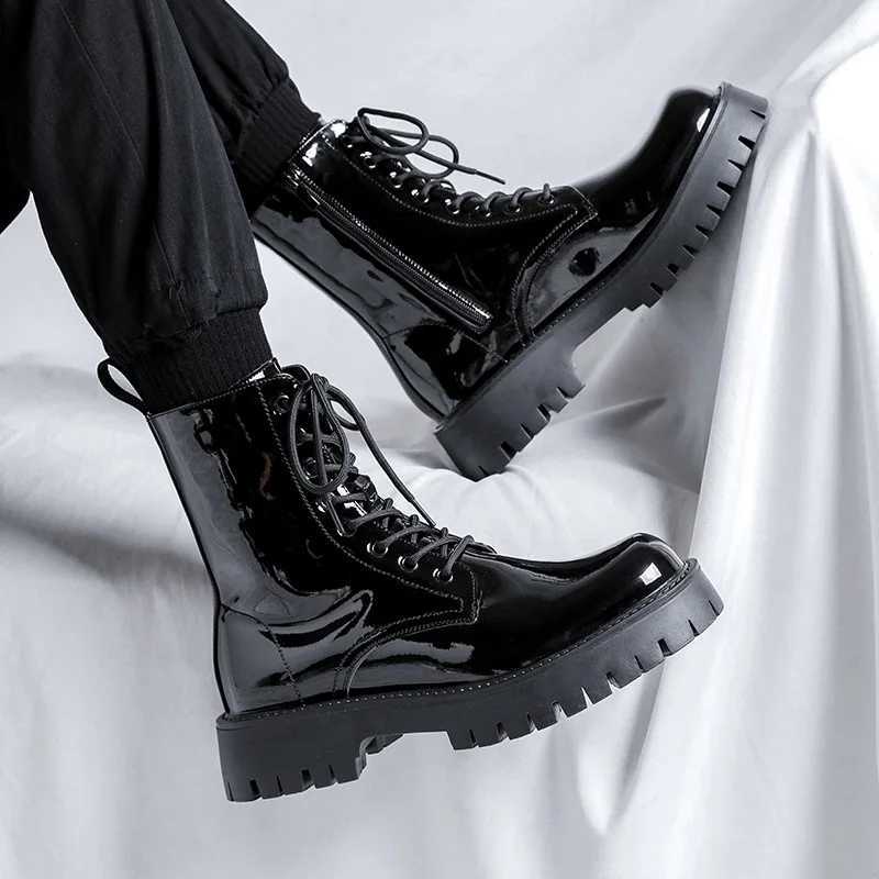 men luxury fashion patent leather boots black tide platform shoes party nightclub high top motorcycle boot cool knight mens boots Z250303
