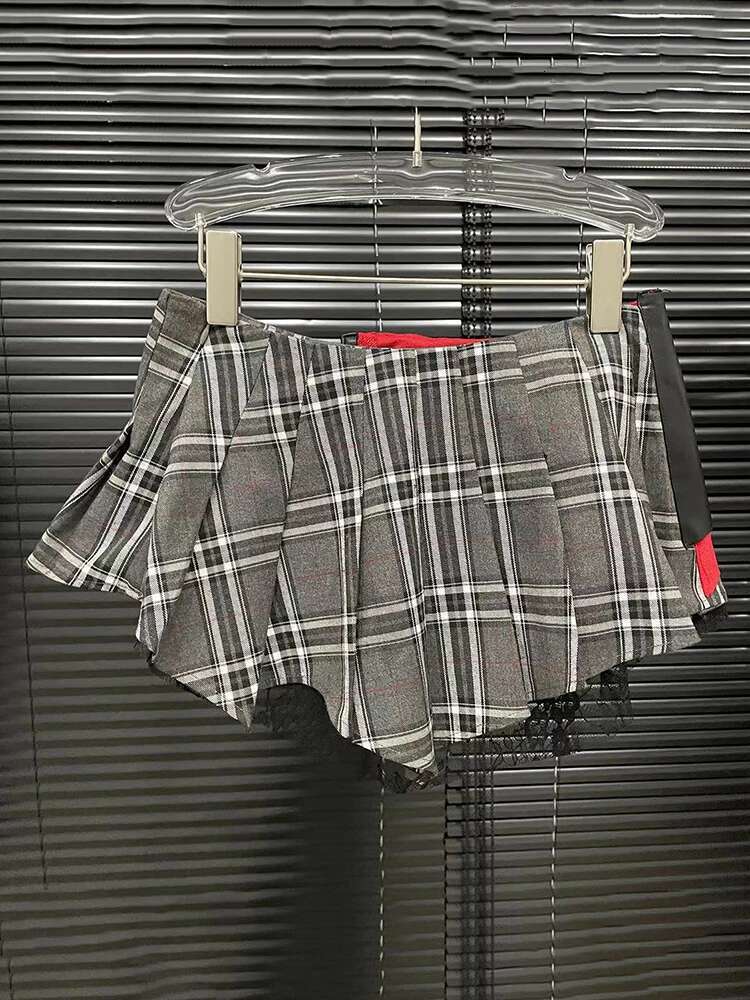 Fashion Trendy Women's Patchwork Plaid Design Pleated Mini Skirts 2024 Summer New High Waist A-E Skirt Female