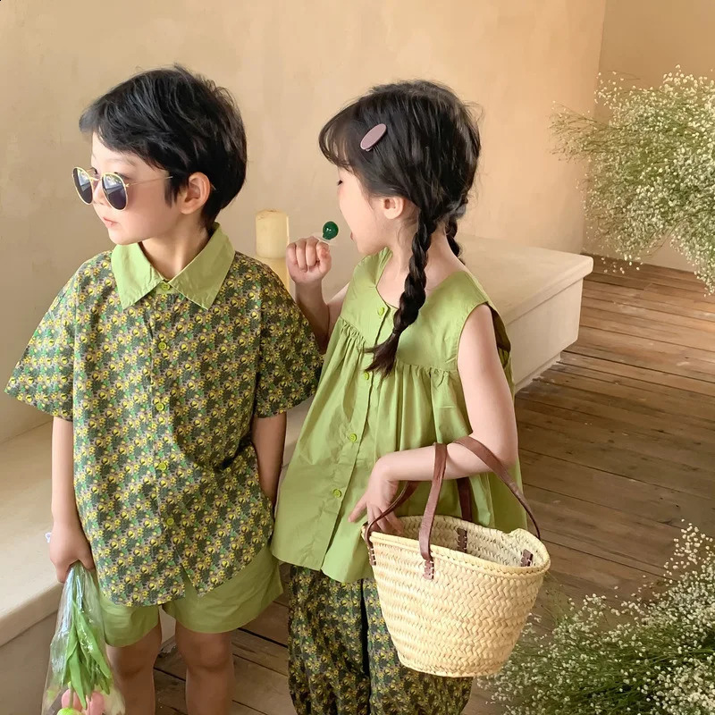 Summer Boy Girl Matching Clothes Brother Sister Floral Short Sleeve Shorts 2pcs Suit Siblings Outfits Children Sets 250221 S2548