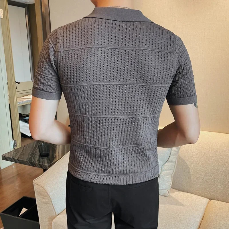 Short sleeved polo shirt mens summer style hollow collar half sleeved T-shirt fashionable short sleeved sweater weight loss gray top 250226