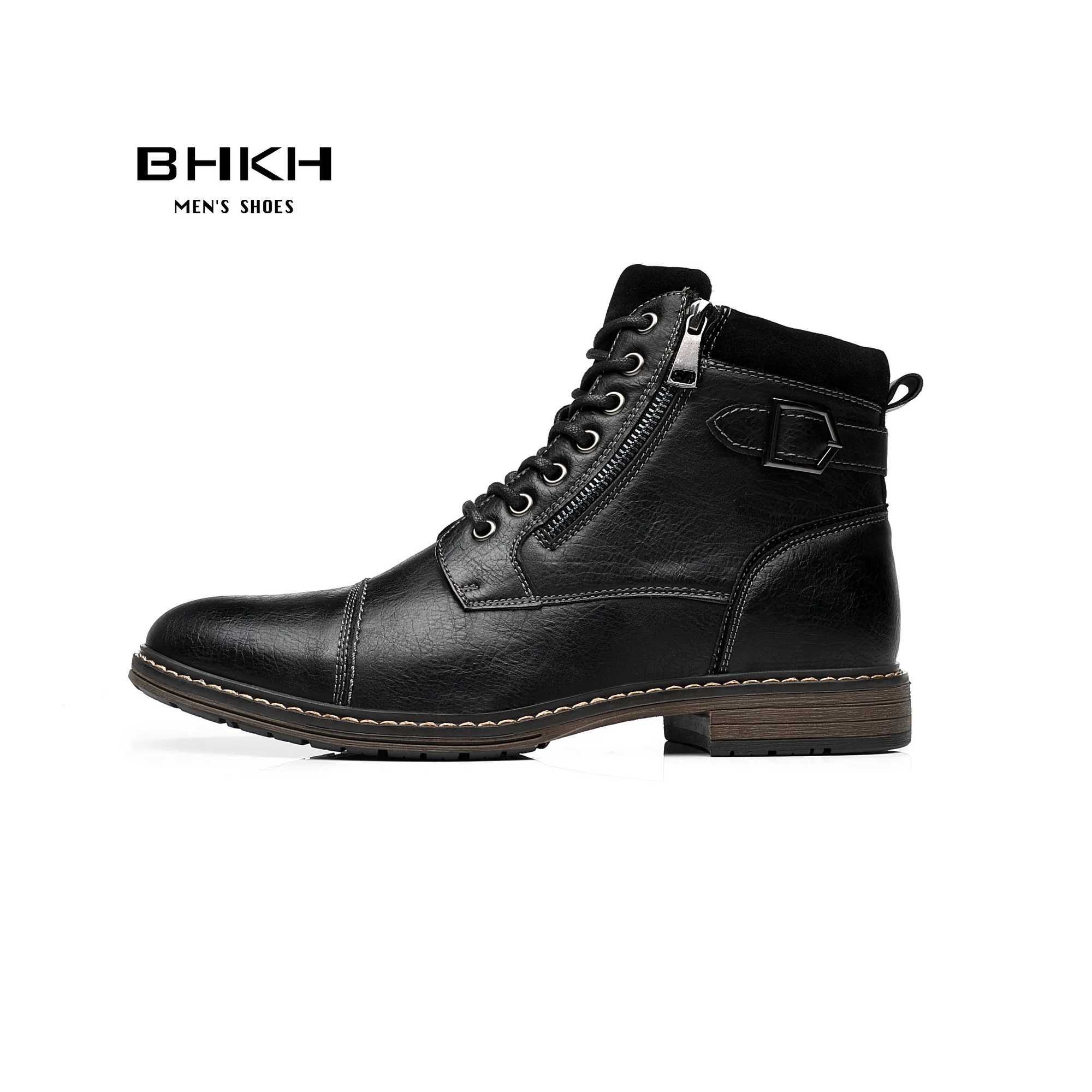 BHKH Mens Boots Winter Fashion Boots Zip Lace-up Ankle Boots Vintage Business Dress Shoes Leather Casual Shoes For Men Z250303