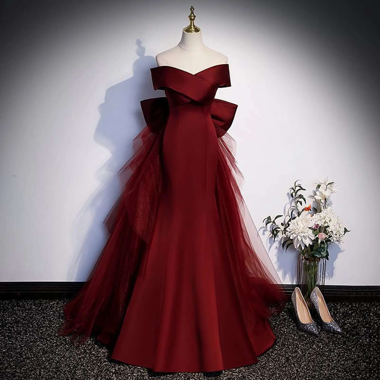 One Shoulder Trumpet Long Dresses Wine Red Evening Gown Back Big Bow Light Gauze Wedding Dress For Women Vestido Feminino