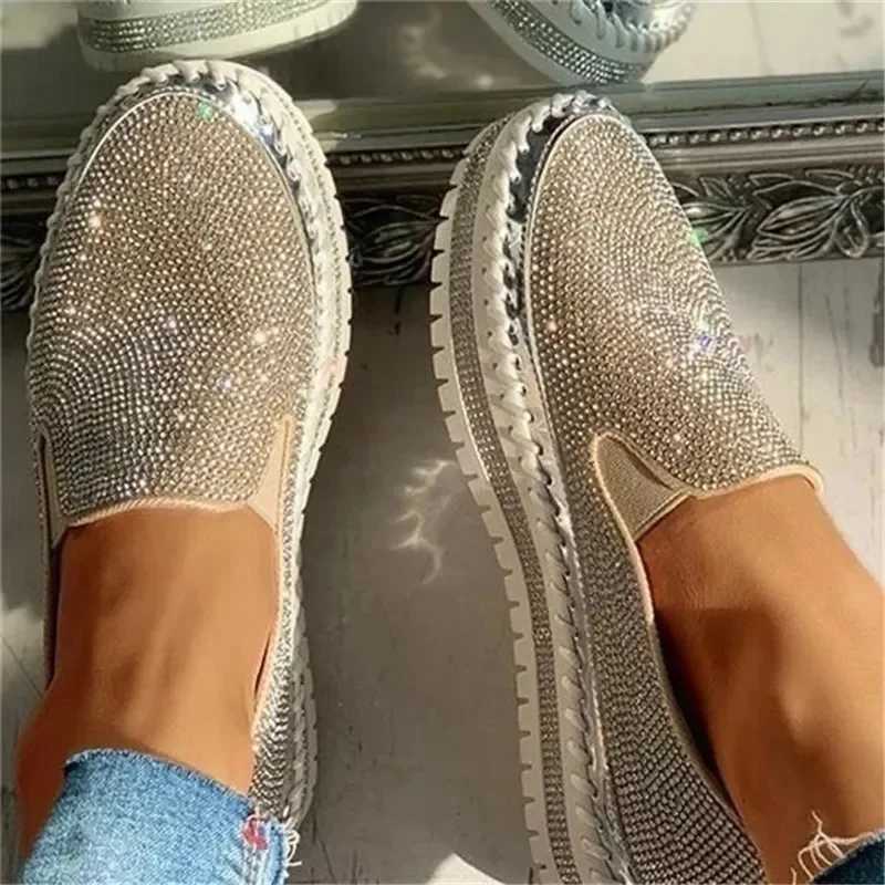 Ladies Flat Sequined Sneakers Casual Womens Mesh Lace-up Fine Diamond Sequins Thick-soled Comfortable Vulcanized Shoes M250303