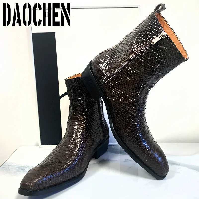 Luxury Men Mid-Calf Boots High Grade Python Print Shoes Casual Mens Dress Boots Winter Leather Chelsea Boots Shoes Men Z250303