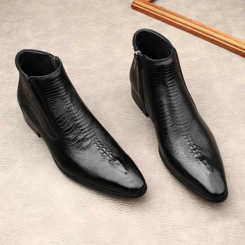 New Crocodile Pattern Men Ankle Boots Luxury Genuine Leather Handmade Designer Black Zipper Pointed Fashion Black Warm Shoes Man Z250303
