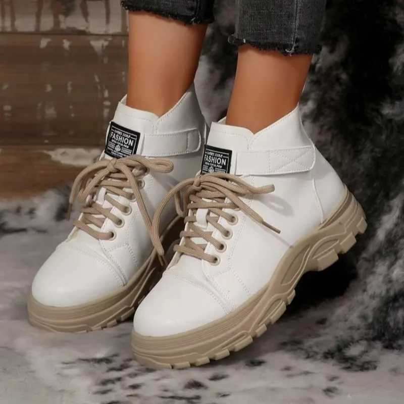 2025 New Winter Black White Boots Womens Ankle Boots Lace-up Platform Sole Womens Warm Anti-Slip Boots Z250303