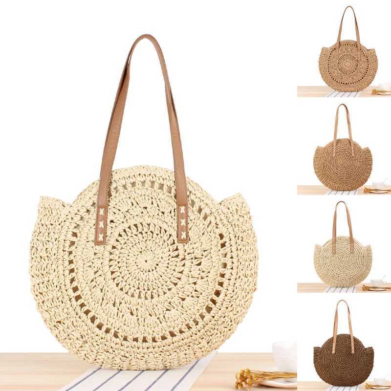 New Arrival New Simple Round Large Capacity Shoulder Straw Bag Skeleton Handmade Woven Bag Seaside Beach Fashion Womens Bags T250303
