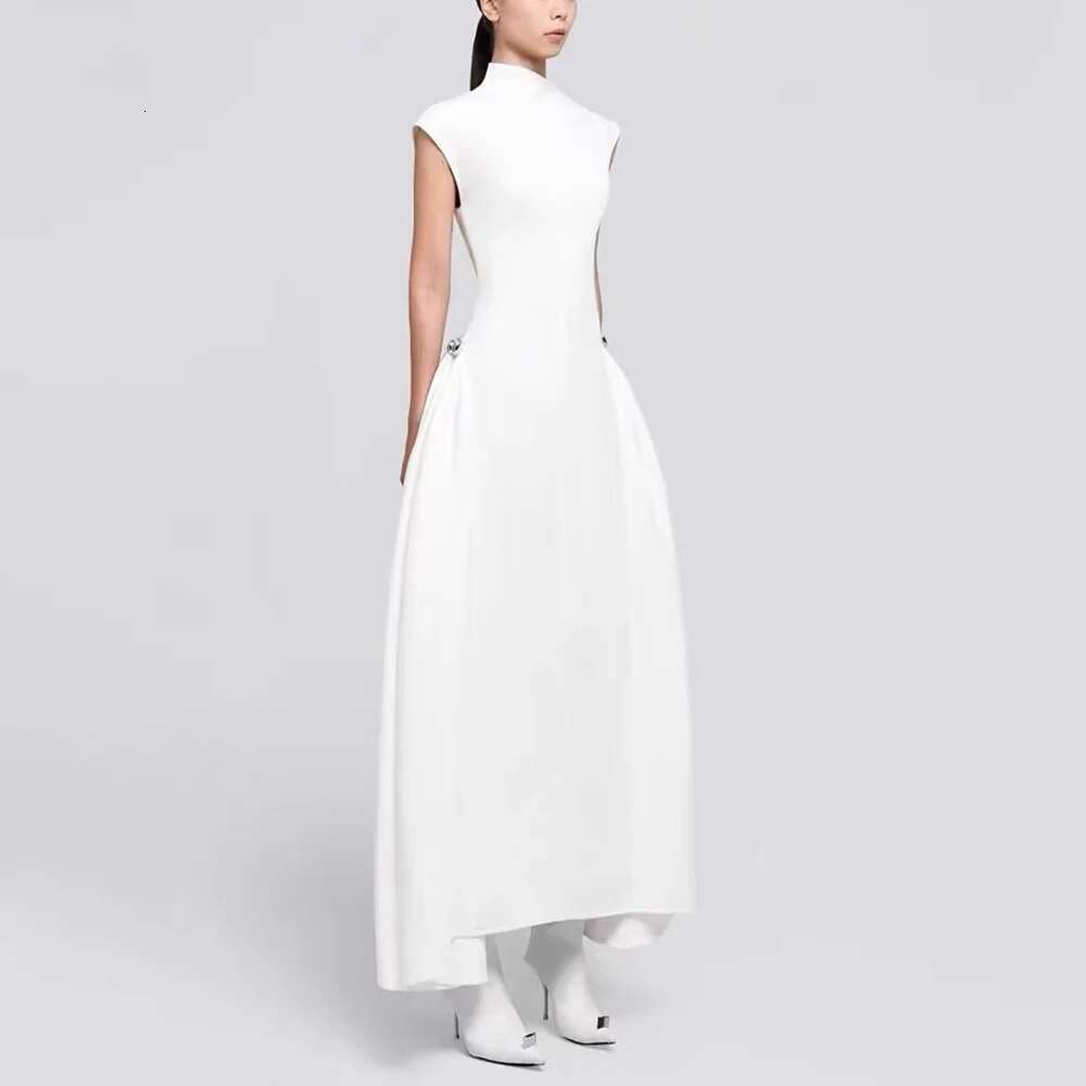 TWOTWINSTYLE Patchwork Folds Dresses For Women Asymmetrical Collar Sleeveless High Waist Solid A E Dress Female Fashion 2024