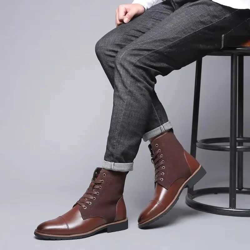 New Designer Fashion Casual Boots for Men Big Size Solid Color Lace Autumn Winter Ankle Boots Male Designer Leather Shoes Male Z250303