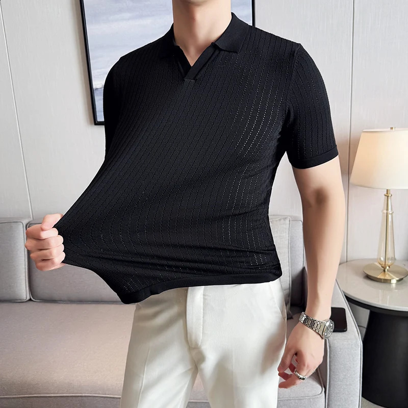 Summer Mens Polo Shirt Spring Style Hollow Breathable Short Sleeve Mens Polo Shirt Slim Fit Lapel Knitted Pullover Shirt 250226