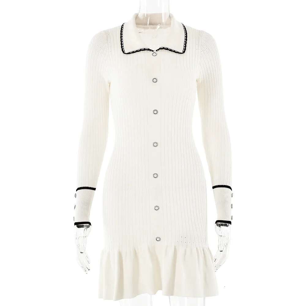 Winter Knitted Long Sleeve Black Turn-Down Collar Slim Single Breasted Autumn Elegant Dress Streetwear