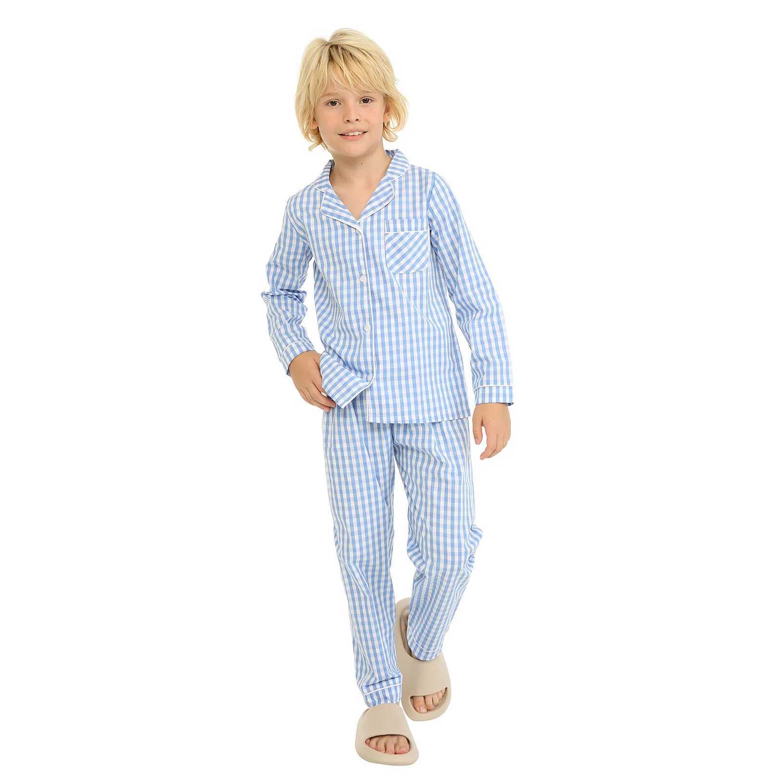 Mudkingdom Boys Girls Long Sleeve Pajamas Set Collared Plaid Cute Homerwear Toddler Pajama Kids Sleepwear Children Clothes PjsT250303