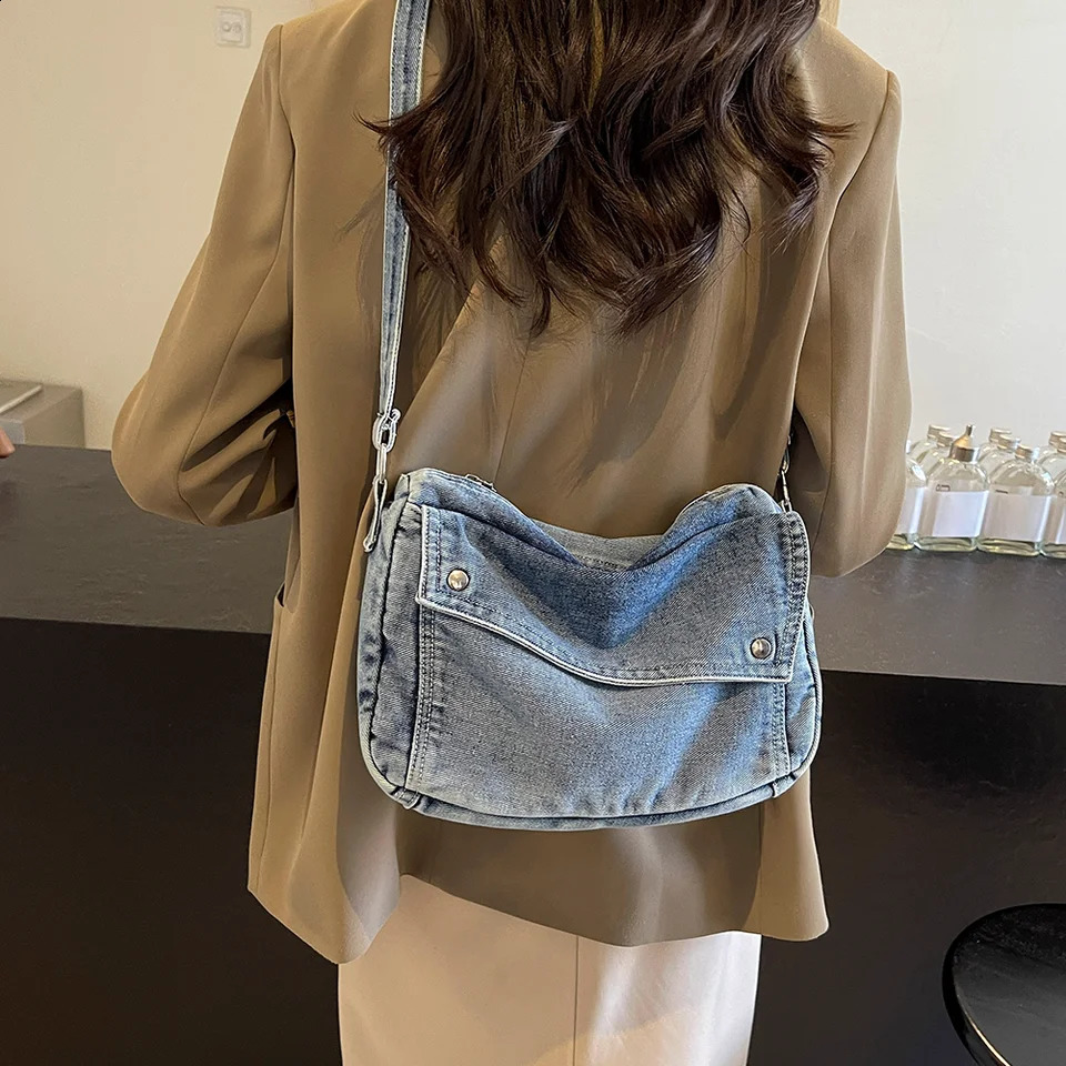 Ship from US Denim Messenger Bag Casual Retro Women Tote Lightweight Aesthetic Crossbody Handbag with Adjustable Strap Jean Purses 250303FBB