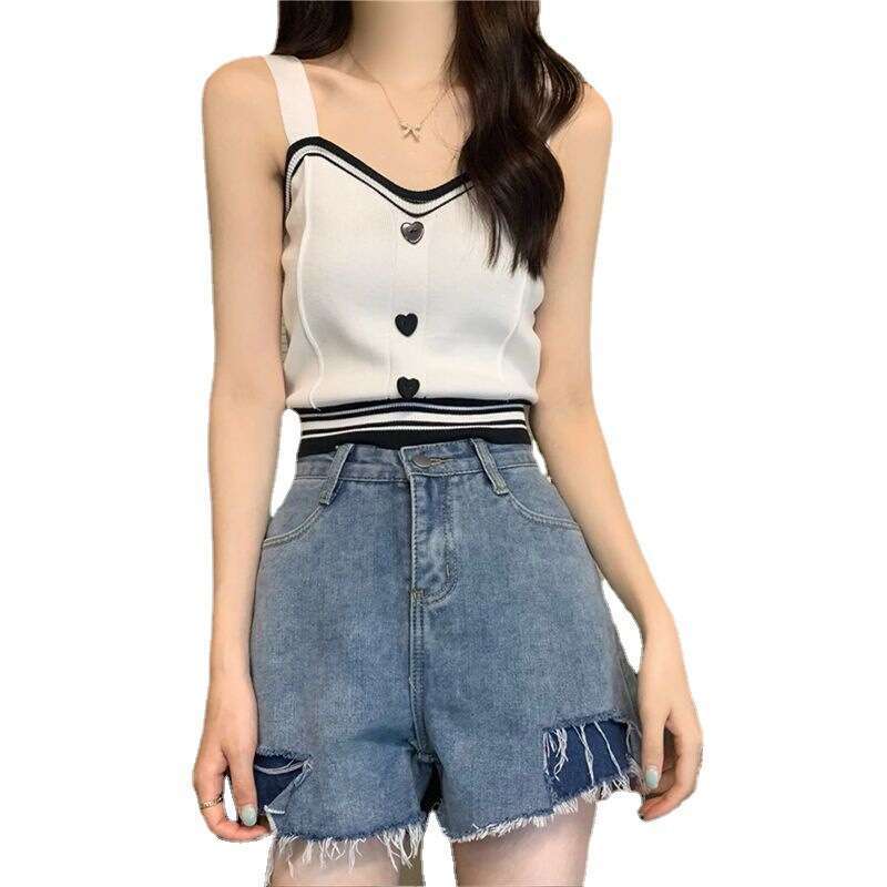 Cute With Y2K Buttons Knitted Crop Ladies Camis For Tops Knit Patchwork Top Women Summer