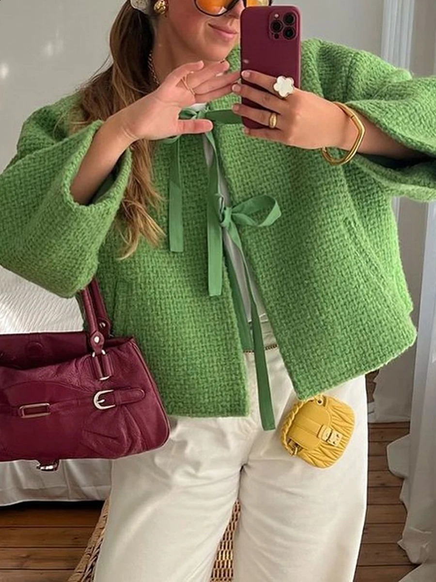 Women Autumn Jackets Casual Long Sleeve Tie-up Front Cropped Blazers Cardigans Business Coats for Female Outerwear Daily 250210