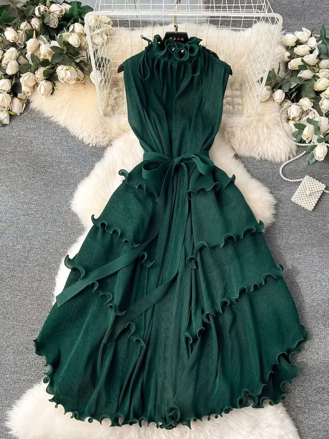 Miyake Pleated Dress Women's Stand Collar Lace Up Sleeveless Elastic Oversized Ruffles Boho Robe Loose Vestidos Summer Holiday