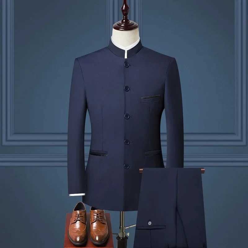 Mens Suits Set (Jacket+Pants) New Boutique Fashion Stand Collar Chinese Style Slim Fit Suits Two Piece Wedding Men Clothing M250303