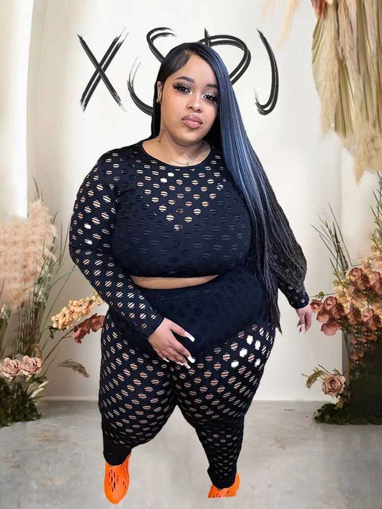 Plus Size Women 2 Piece Sets Spring Wear Round Neck Long Sleeve Crop Top And Pants Suit Hollow Out Black Mesh Sexy Outfits