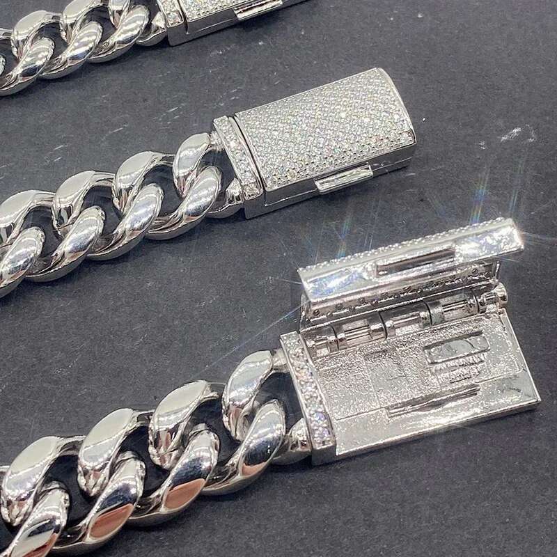 10MM Moissanite Sliver Buckle Stainless Steel Cuban Men's Chain Plated 16K White Gold Bracelet Necklace for Men