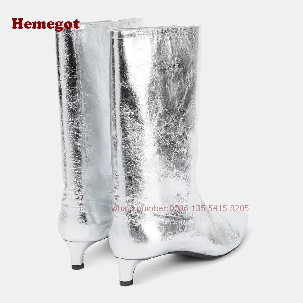 Pointed Toe Slip On Womens Boots Silver Metallic Kitten Heels Mid-Calf Boots Winter Newest Brand Luxury Runway Shoes Solid 43 Z250303