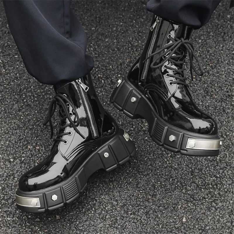 Luxury Men Boots Original Black Motorcycle Round Toe Side Zipper Punk Boots for Men Metal decoration Height Increasing Shoes Men Z250303