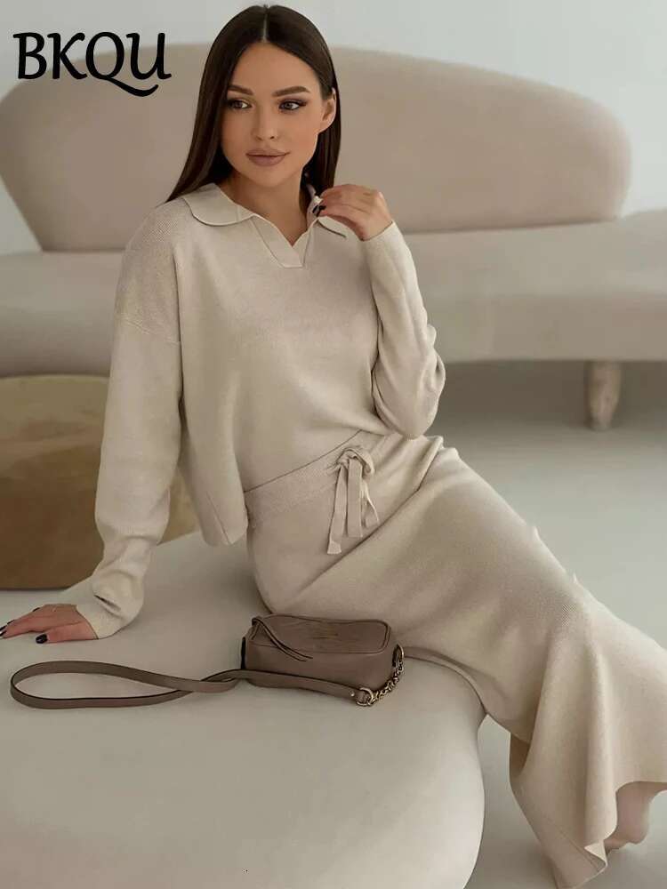 Lace-Up Knitted Two Piece Sets Women Elegant Long Sleeve Lapel Sweater+Split Midi Skirt Winter Lady Chic Warm Outfits