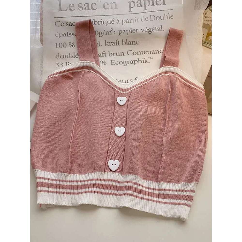 Cute With Y2K Buttons Knitted Crop Ladies Camis For Tops Knit Patchwork Top Women Summer