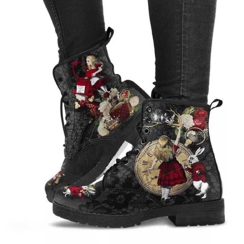 Womens Autumn Short Boots British Style Tooling Boots Skull Print Flower High-top Ladies Ankle Boots Vintage Boots Femme Winter Z250303
