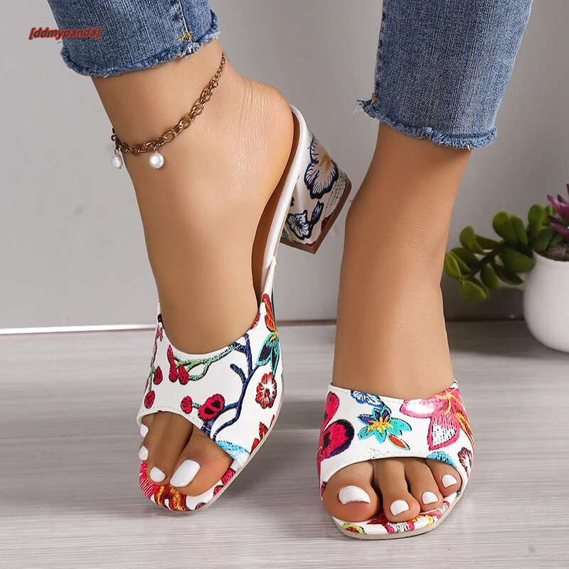 Womens Sandals Printed Summer 2024 New Thick-heeled Popular High-heeled Sexy All-match Half-slippers Open Toe Casual Basic Shoes #ddmypanda