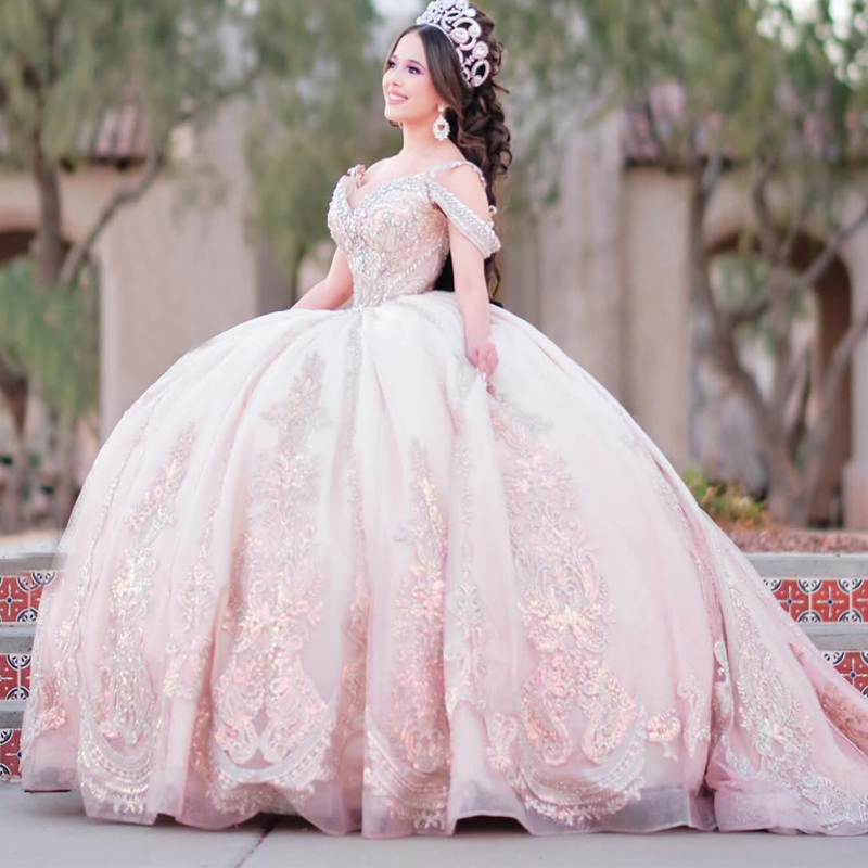Pink Shiny Quinceanera Dresses Ball Gown Off Shoulder Applique Lace Beads Tull Sweet 16 Dress Vestidos 15 De Anos