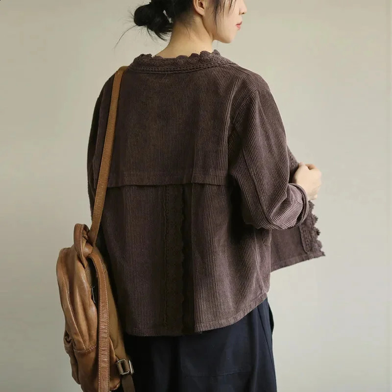 Loose Literary Longsleeved Round Neck Womens Jacket Spring Solid Color Corduroy Lace Allmatch Short Stitching 250228