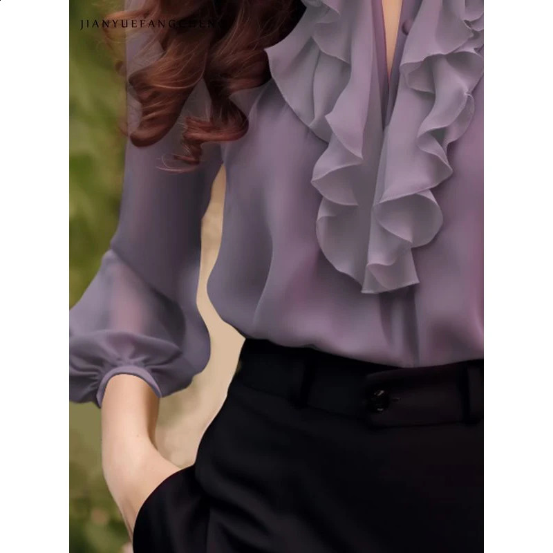 Womens Korean Fashion Ruffles Sweet Fairy Blouses Office Lady Business Casual Purple Shirts Casual V Neck 3/4 Sleeve Loose Tops 250228