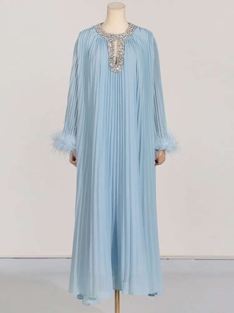 LANMREM 2025 Spring New Women's Dress Dias Spliced Collar Feather Design Sleeves Long Dresses Elegant Clothing 32C1914