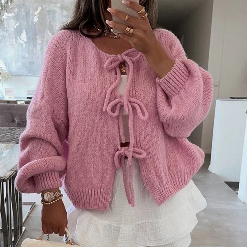 Elegant Ladies Fashion Knitted Sweater Y2K Jumper Vintage Bowknot Tie Front Cardigans Autumn VNeck Long Sleeve Loose Knitwear 250225