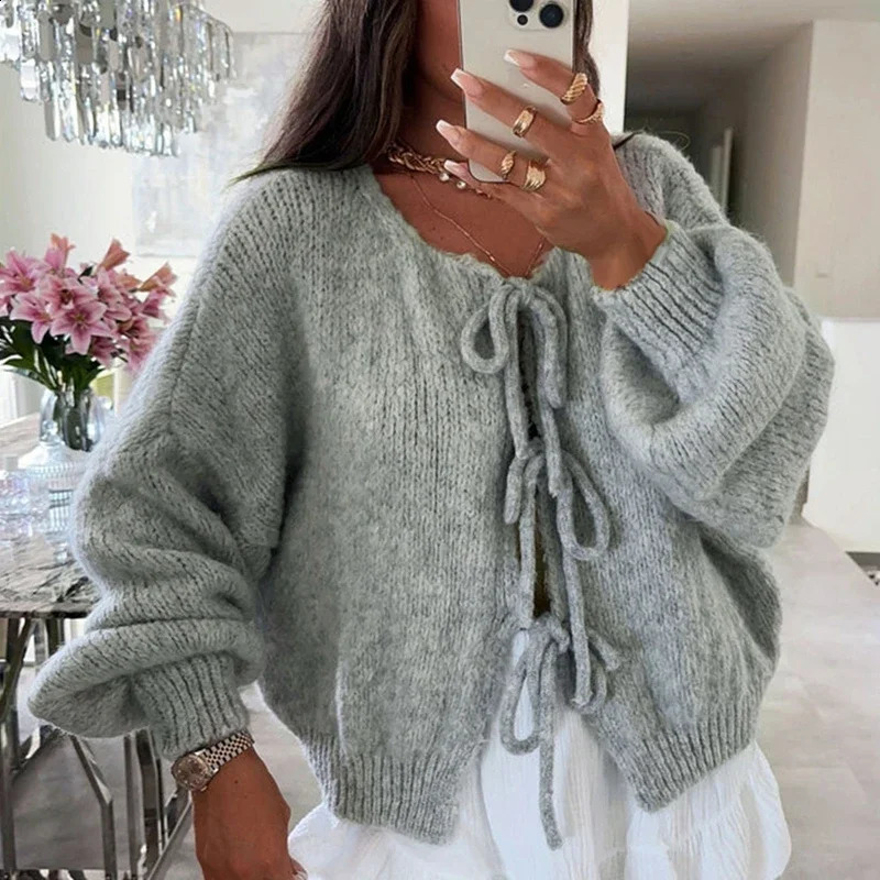 Elegant Ladies Fashion Knitted Sweater Y2K Jumper Vintage Bowknot Tie Front Cardigans Autumn VNeck Long Sleeve Loose Knitwear 250225