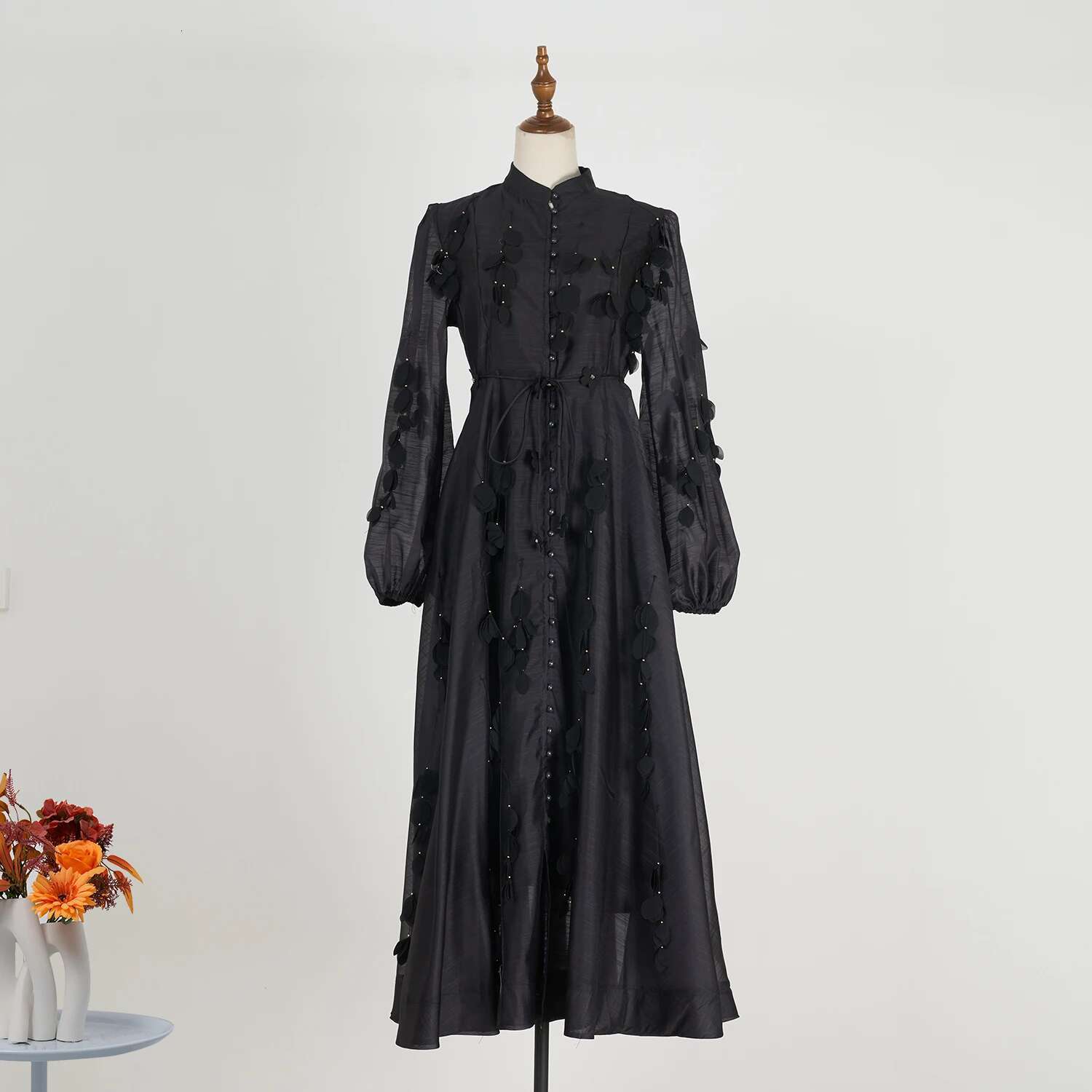 Beaded Appliques Wer Belt Mesh Dress Women Pearl Button Single Breasted Long Lantern Sleeve Prom Wedding Party Vestido