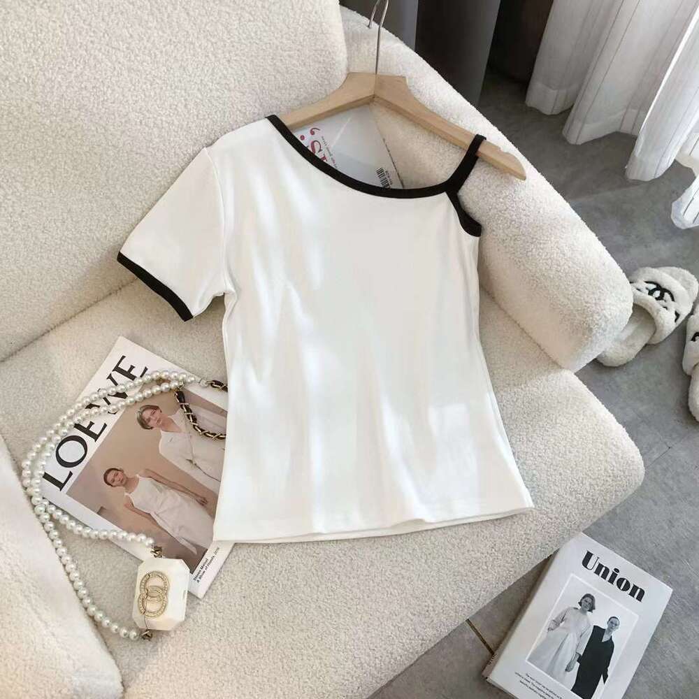 New Embroidered Irregular Design Color Blocked T-Shirt For Spicy Women, Tailored And Versatile Short Sleeve Top