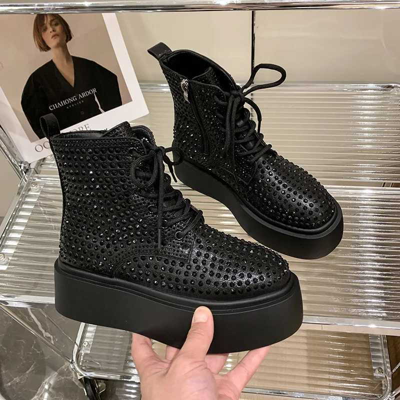 Rock Shoes Womens Zipper Flat Shoes Boots Womens Crystal Round Toes Luxury Designer Mid calf 2024 Rhinestone High Heels Lolita Z250303