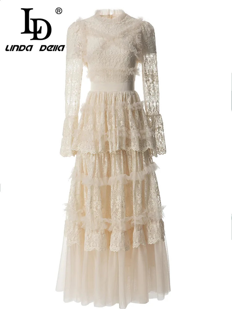 LD LINDA DELLA Summer Fashion Runway Vintage Dress Womens White Hollow Out Print Tierred Draped Slim Fit Party 250228