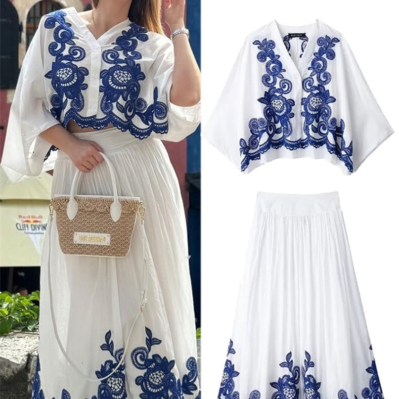 TRAFZA Womens 2-piece Set Of Blue Embroidered Single-breasted Loose Shirt Chic High-waisted Loose Pleated Street Skirt Suit 250228