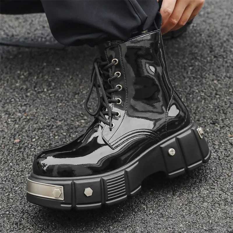 Luxury Men Boots Original Black Motorcycle Round Toe Side Zipper Punk Boots for Men Metal decoration Height Increasing Shoes Men Z250303