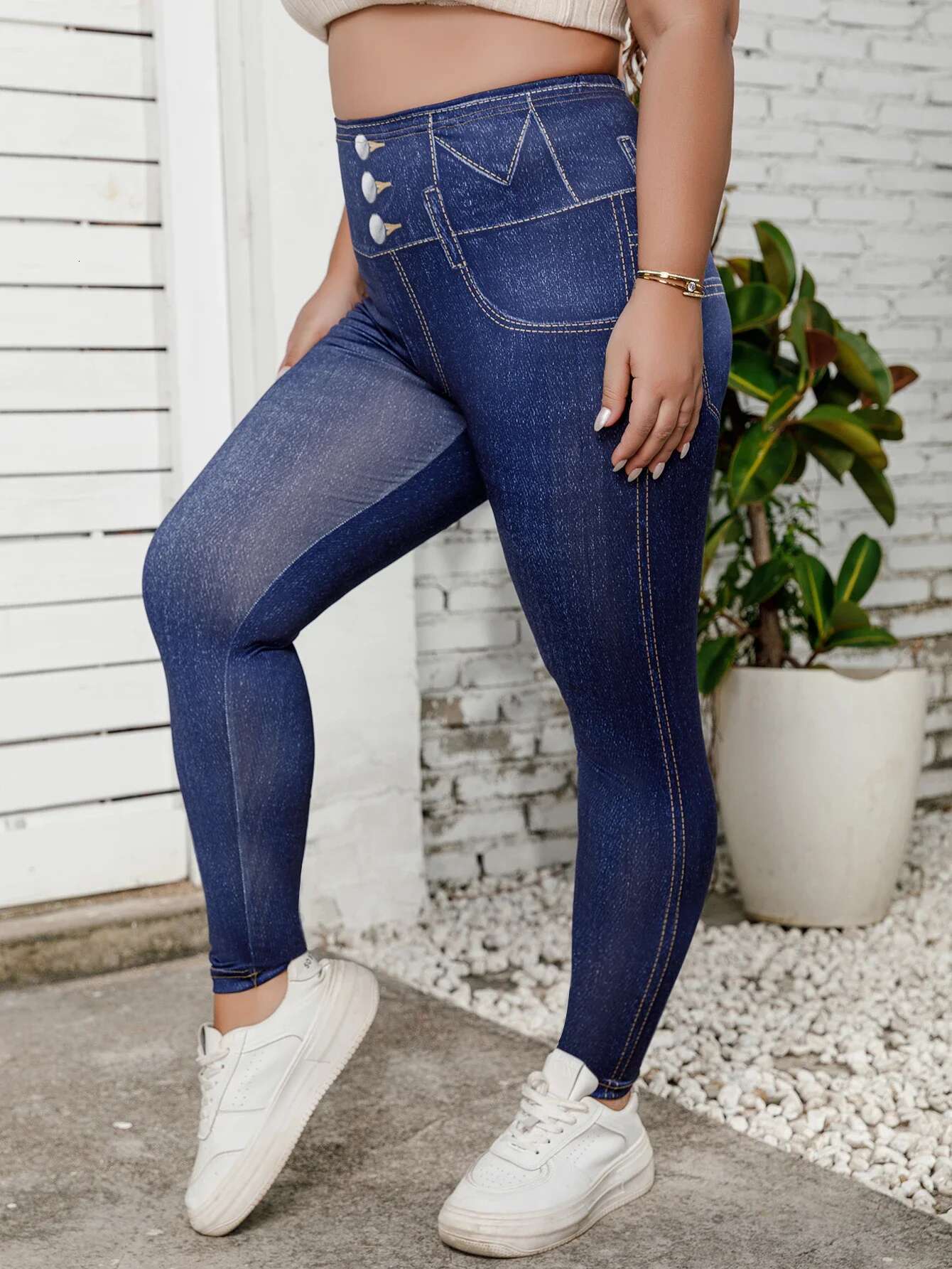 Plus Size Women's Long Leggings With Faux Denim Print Stretch Mid-Rise Skinny Pants Vintage Comfort Casual Comfortable Trousers