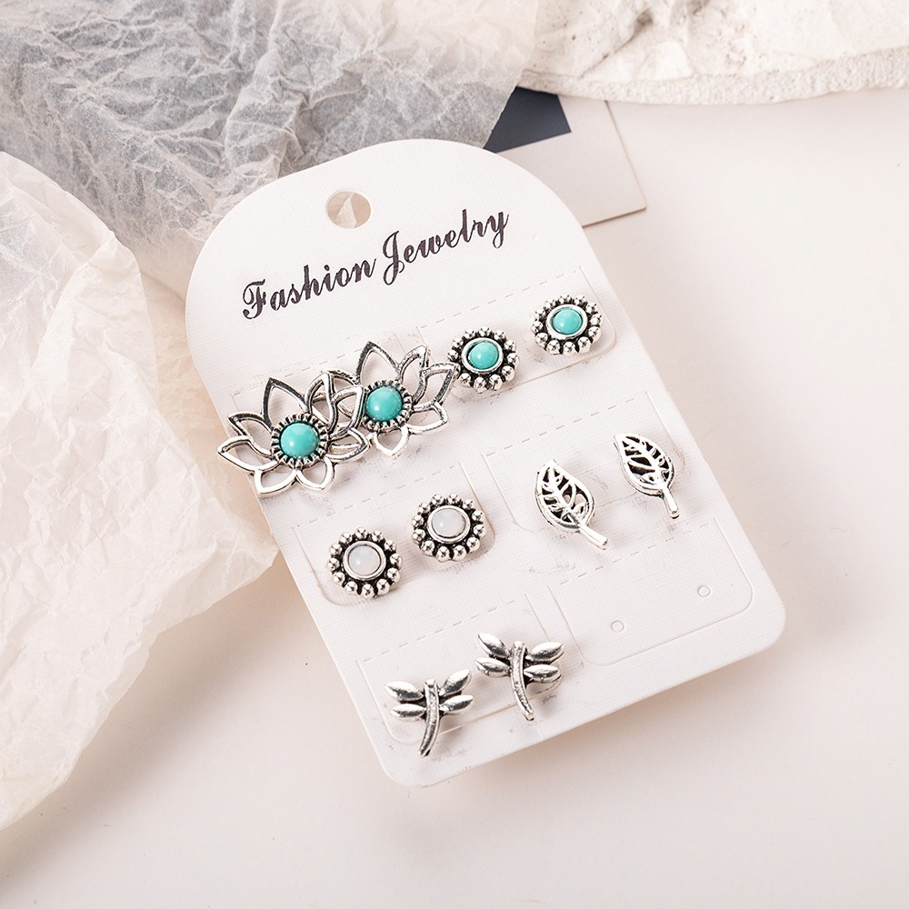 Unique Retro Dragonfly Accessory Kit Featuring Five Pairs of Exquisite Green Turquoise Earrings