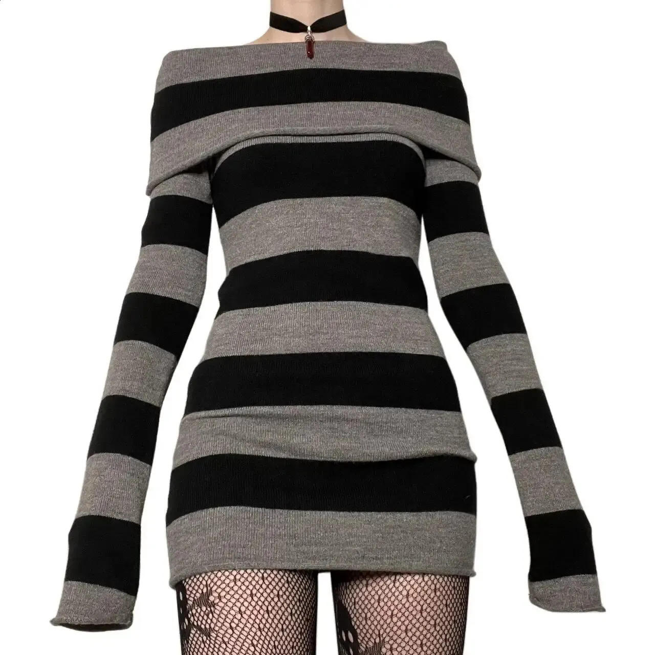 Womens Striped Mini Bodycon Dress Stripe BoatNeck Off Shoulder Long Sleeve Short Spring Autumn Wrapped Hip Party 250227Z